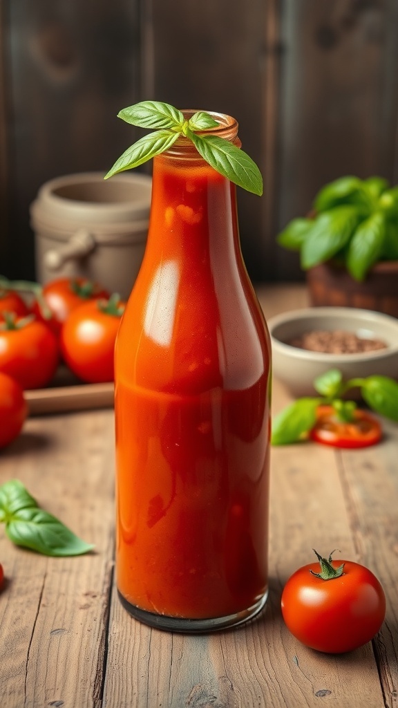 A bottle of homemade tomato ketchup with fresh tomatoes and spices on a wooden table.